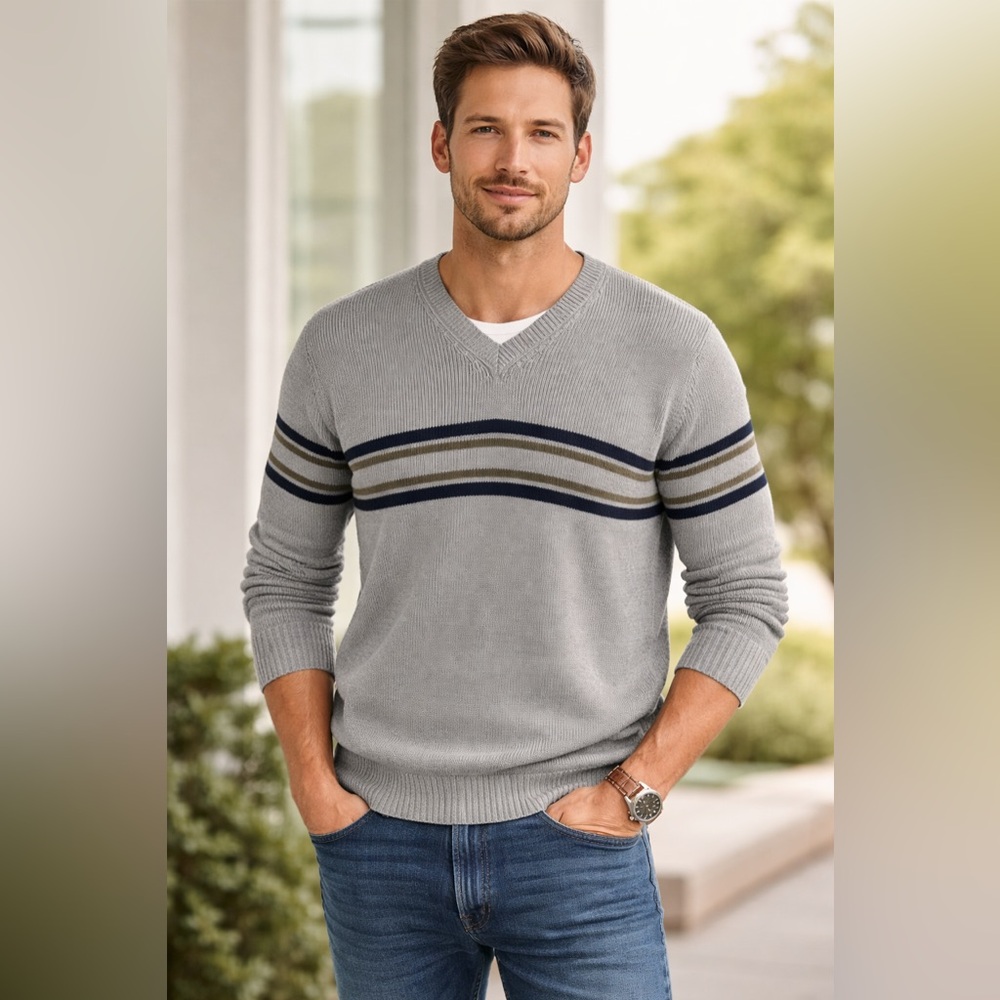 Men’s Vintage J. Crew Gray V-Neck Cotton Striped Sweater Size L